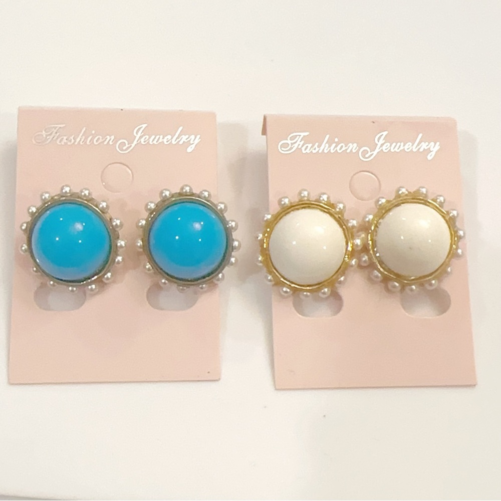 2 Pairs Bundle PearlTrim/Turquoise Cabochon Gold Cream Lucite Retro StudEarrings